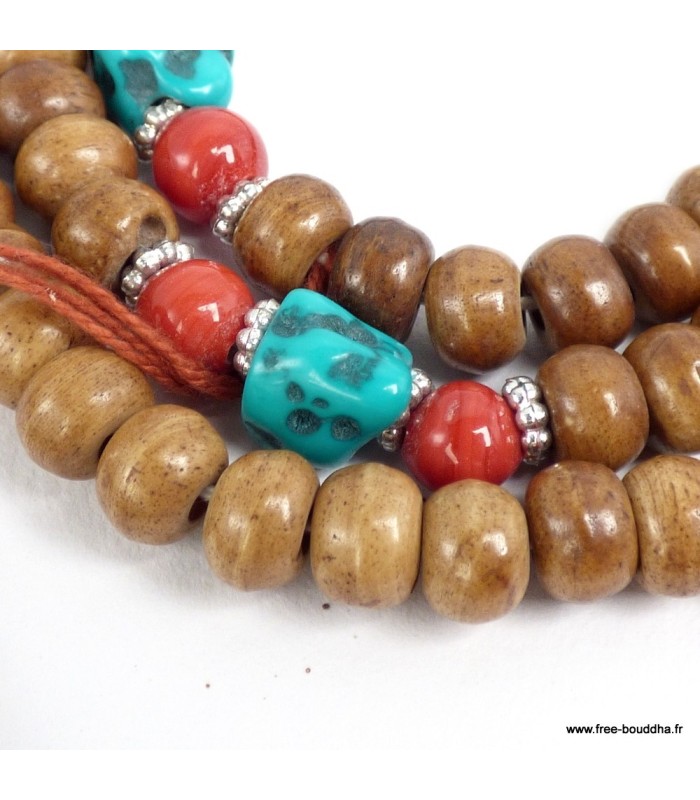 Mala tibétain en os de buffle et pierres fantaisie, 74 cm.