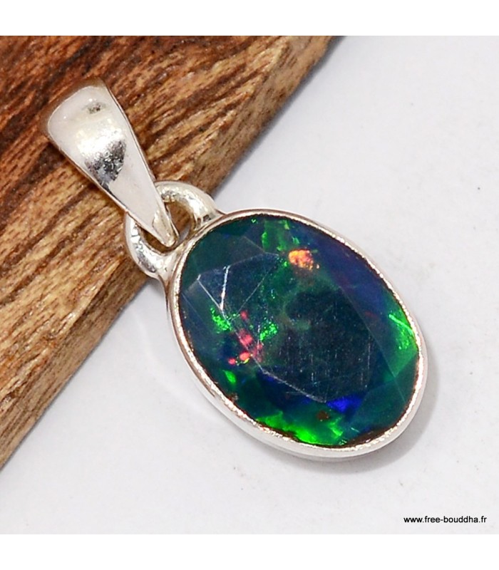 Pendentif opale noire facettée multicolore pierre naturelle véritable