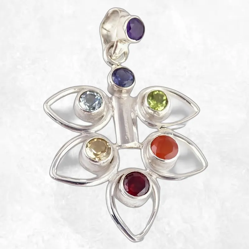 Pendentif chakra pierres naturelles motif feuilles - Bijoux Chakras argent pierres