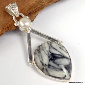Pendentif Pinolite et perle naturelle - argent 925 - Pendentifs pierres naturelles