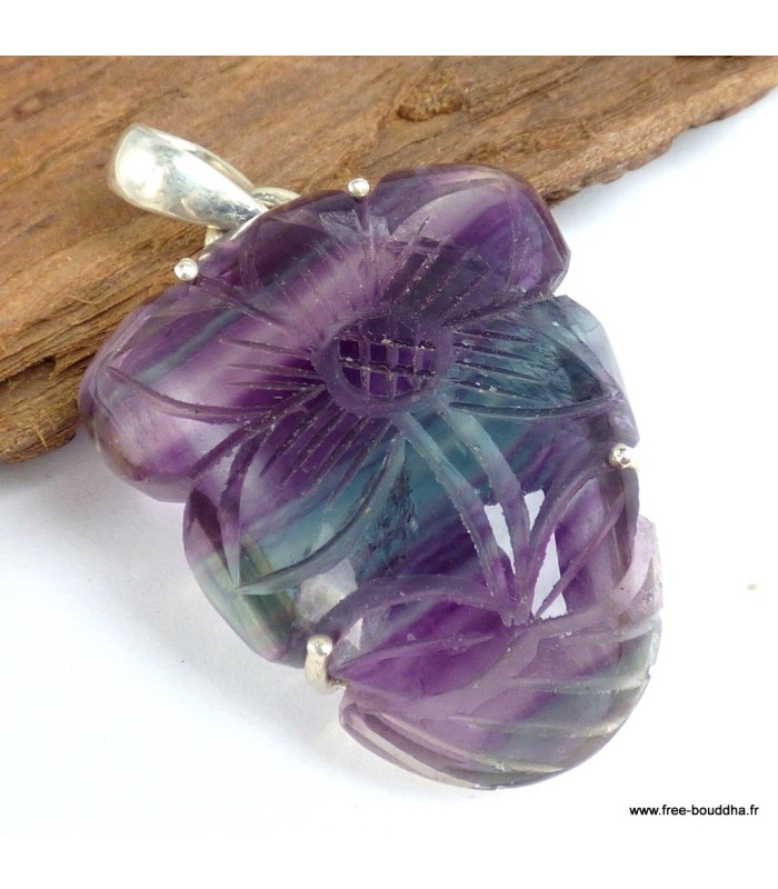 Pendentif Multi-fluorite sculptée  Fleur semi-oval