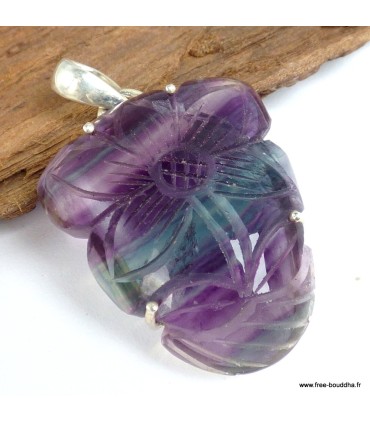 Pendentif Fluorite arc-en-ciel sculptée Fleur – Argent 925 authentique