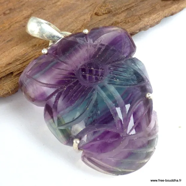 Pendentif Multi-fluorite sculptée Fleur semi-oval - Pendentifs pierres naturelles