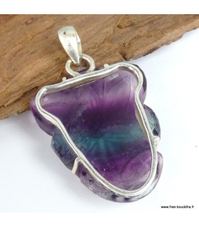 Pendentif Fluorite arc-en-ciel sculptée Fleur – Argent 925 authentique