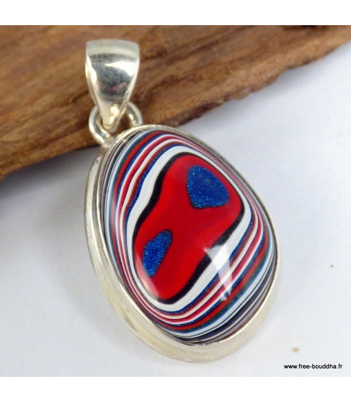 Pendentif Fordite Agate Detroïte oval rouge bleu