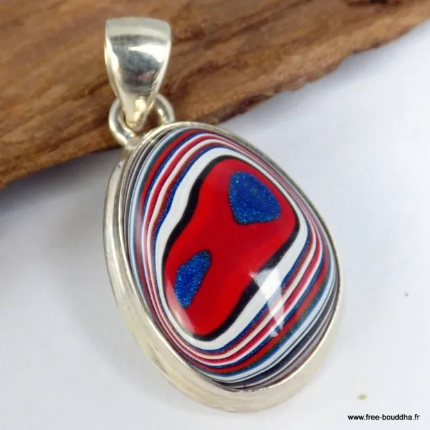 Pendentif Fordite Agate Detroïte oval rouge bleu - Pendentifs pierres naturelles