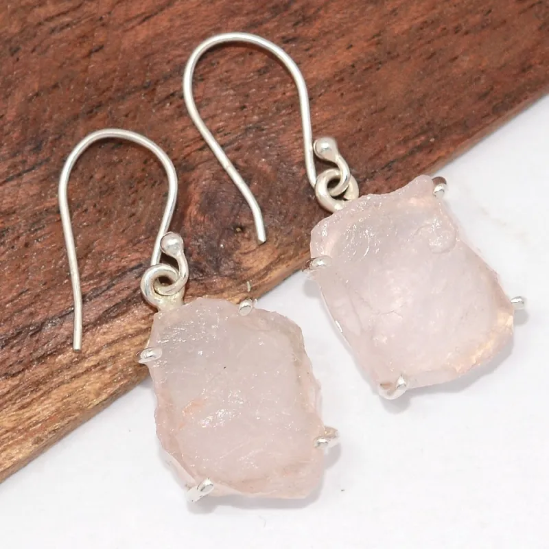 Boucles d'oreilles quartz rose brut en argent 925 - Bijoux Pierres Naturelles