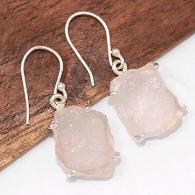 Boucles d'oreilles quartz rose brut en argent 925 - Bijoux Pierres Naturelles
