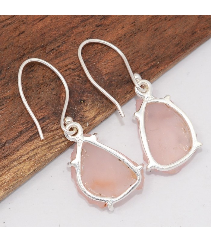 Boucles Quartz rose brut naturel – Argent 925 & forme libre