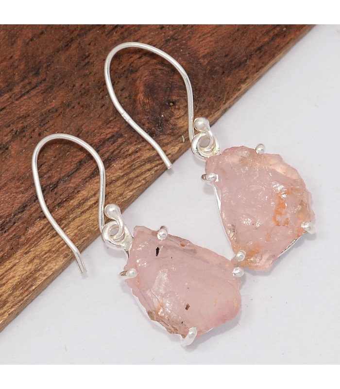 Boucles Quartz rose brut naturel – Argent 925 & forme libre