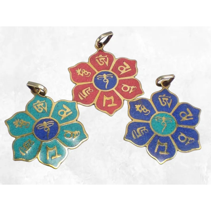 Pendentif tibétain Fleur mantra de Chenrezi - Pendentifs tibétains bouddhistes