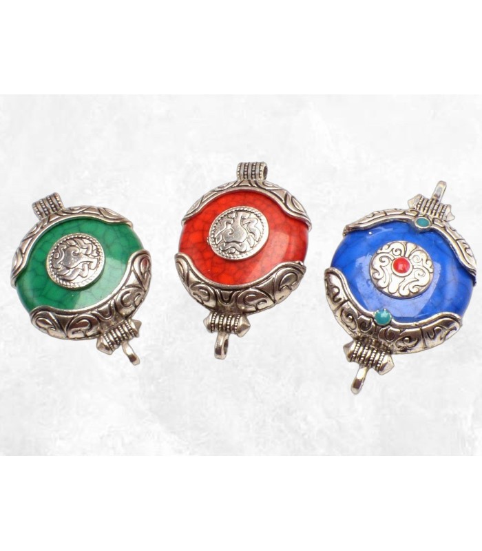Pendentif tibétain en métal, 3 coloris, motifs fantaisie.