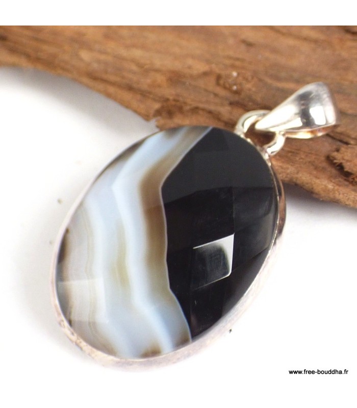Pendentif Agate noire ovale facettée – Argent 925 certifié