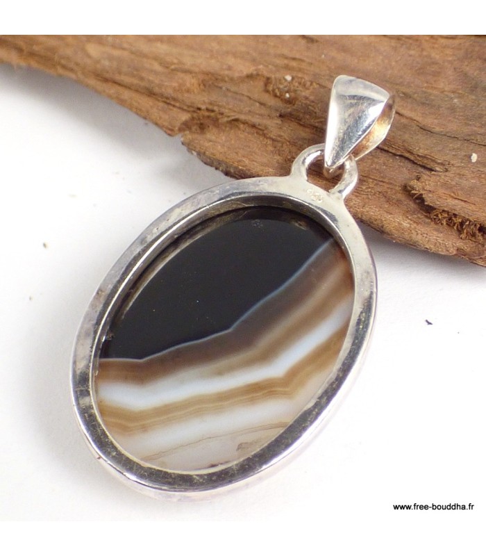 Pendentif Agate noire ovale facettée – Argent 925 certifié