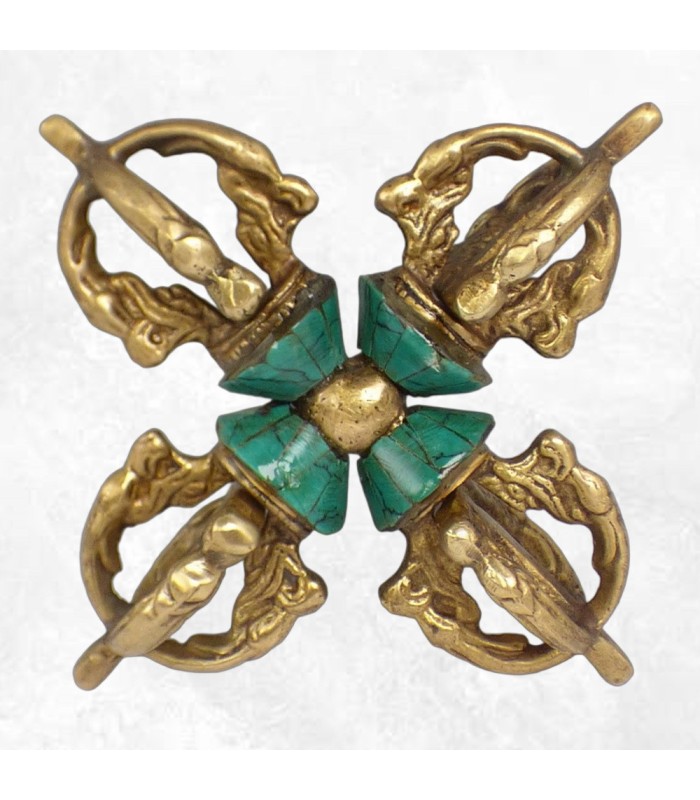 Dorjé vajra bouddhiste en laiton – 11 cm, pierres turquoise