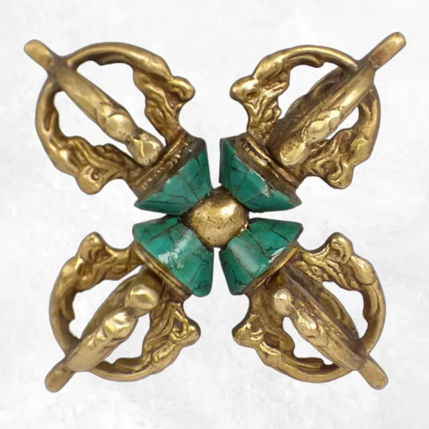 Double dorje varja bouddhiste laiton pierres 11 cm - Dordjé, double dorjé (sans cloche)
