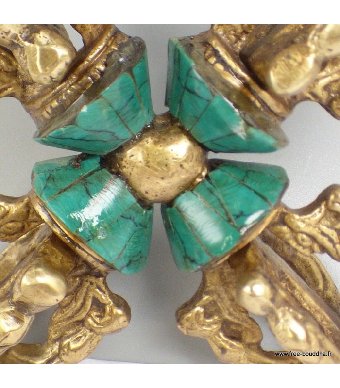 Dorjé vajra bouddhiste en laiton – 11 cm, pierres turquoise