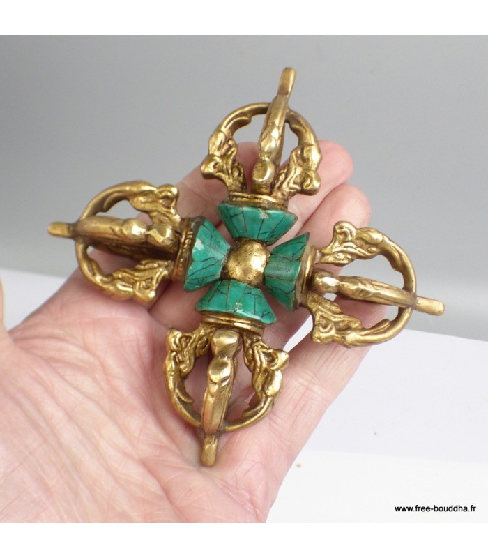 Dorjé vajra bouddhiste en laiton – 11 cm, pierres turquoise