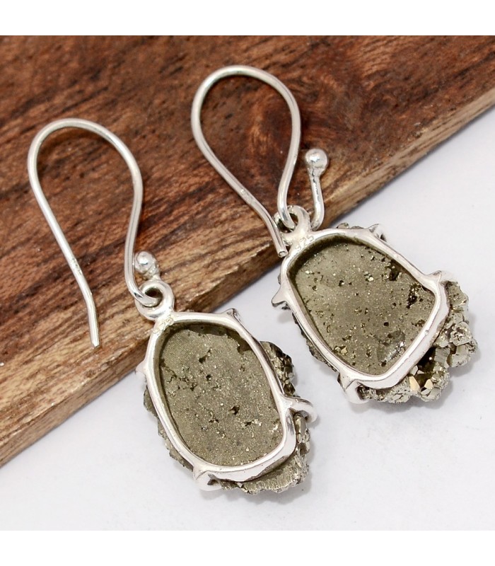 Boucles d’oreilles Pyrite dorée – Serties griffes – Argent 925