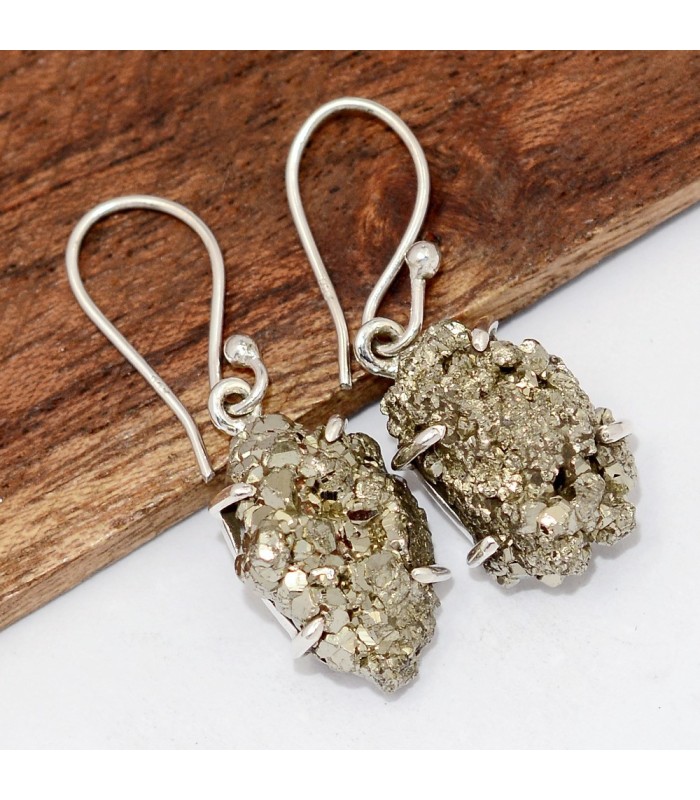 Boucles d’oreilles Pyrite dorée – Serties griffes – Argent 925