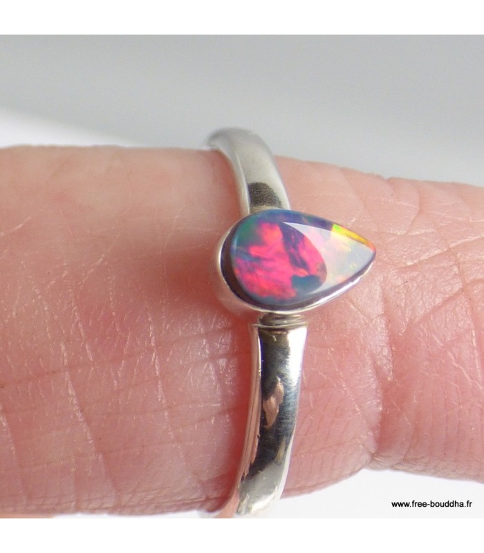 Bague opale australienne bleu foncé pierre naturelle véritable