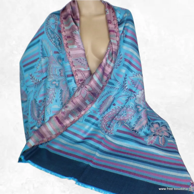 Châle bambou turquoise à fleurs - Châle en Bambou écologique