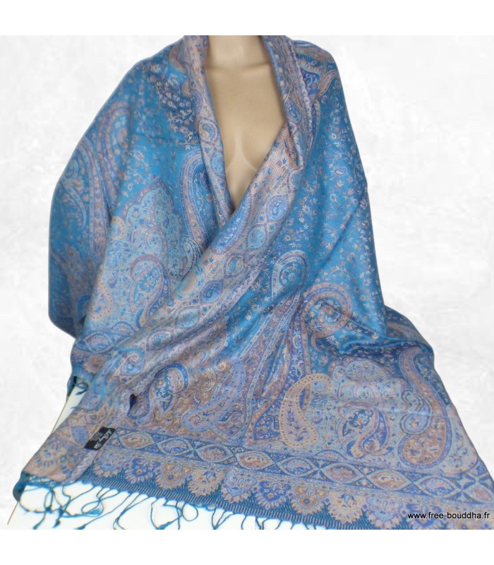 Châle en soie naturelle bleu – Élégance et reflets moirés