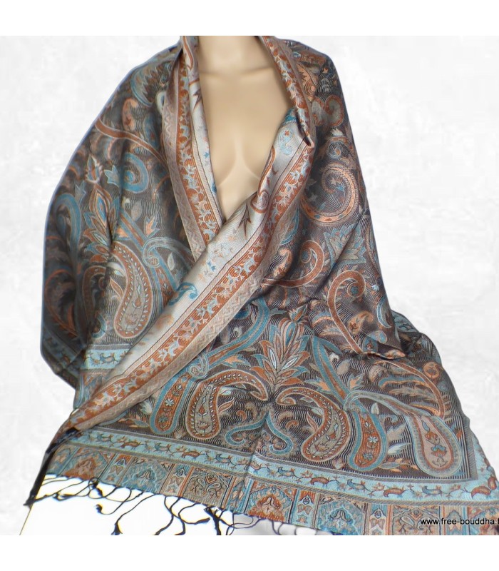 Châle femme en soie naturelle brun cuivré – Motifs cachemire