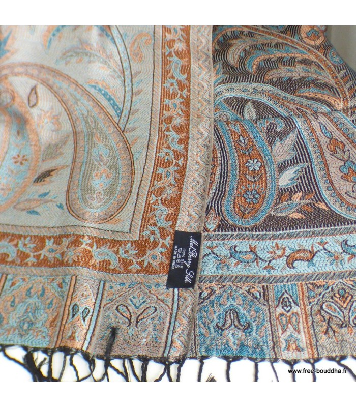 Châle femme en soie naturelle brun cuivré – Motifs cachemire