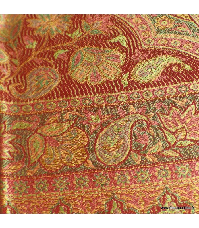 Châle femme en soie naturelle rouge or – Reflets anis et vert doré
