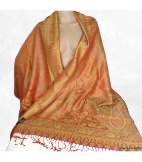 Châle femme en soie naturelle rouge or – Reflets anis et vert doré