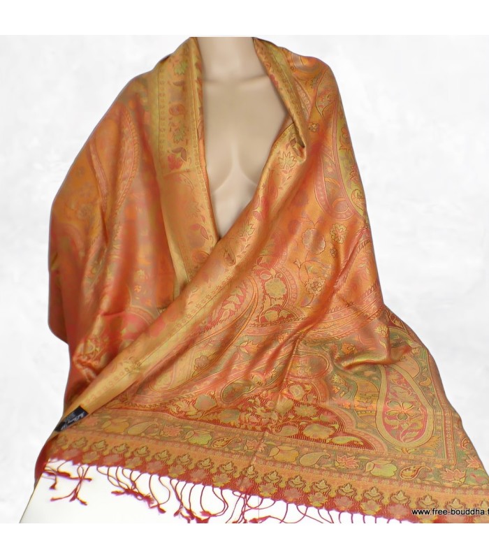 Châle femme en soie naturelle rouge or – Reflets anis et vert doré