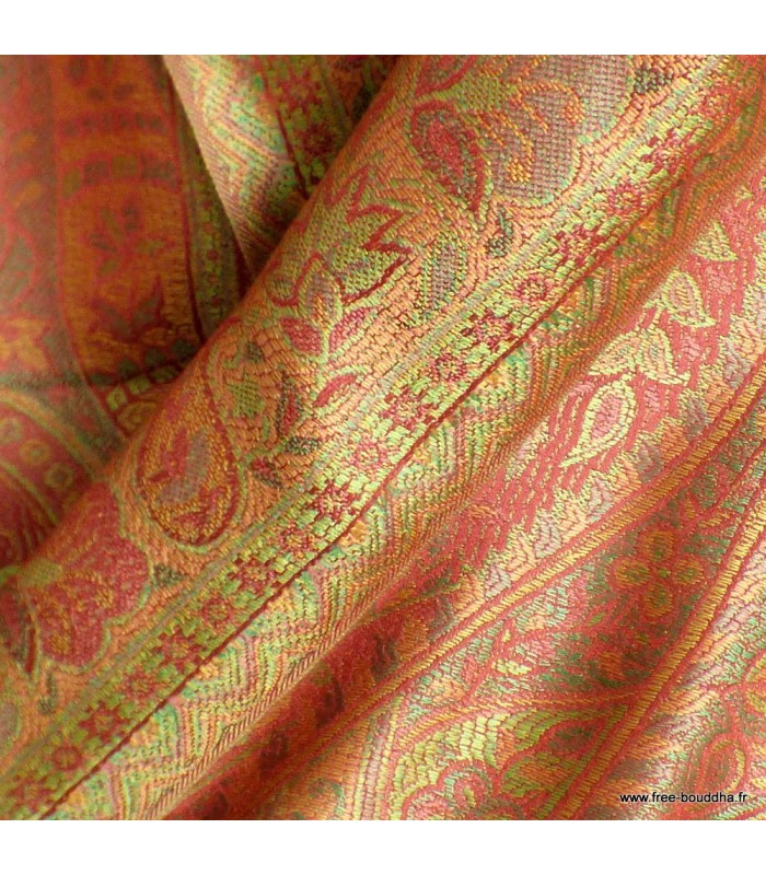Châle femme en soie naturelle rouge or – Reflets anis et vert doré