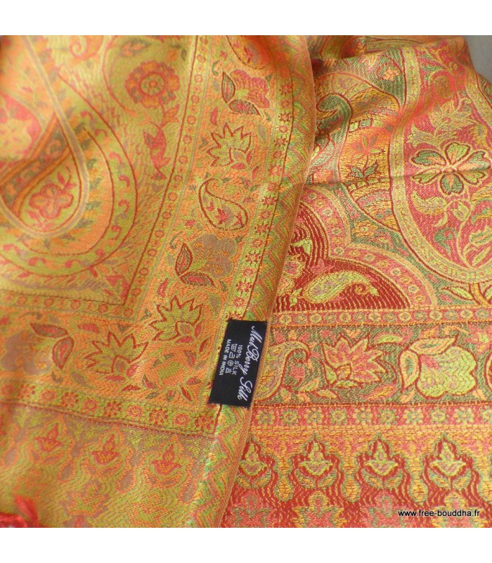 Châle femme en soie naturelle rouge or – Reflets anis et vert doré
