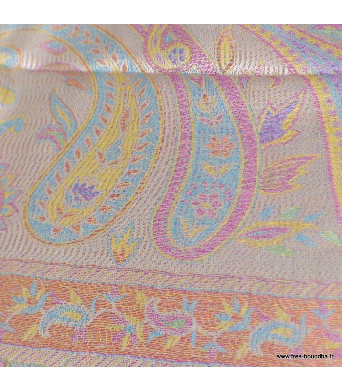 Châle femme en soie naturelle argent rose – Motifs cachemire