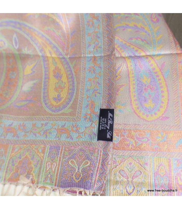 Châle femme en soie naturelle argent rose – Motifs cachemire
