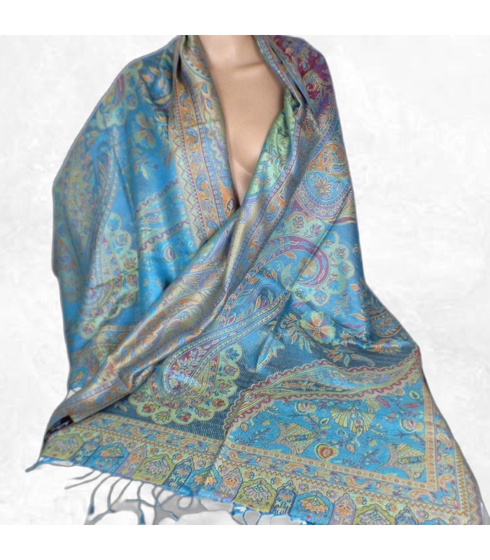 Châle turquoise en soie authentique - Livraison rapide