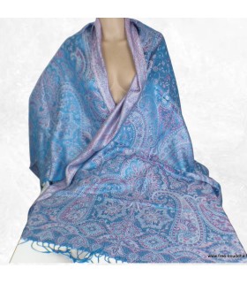 Pashmina femme en soie bleu framboise – Motifs cachemire et reflets moirés