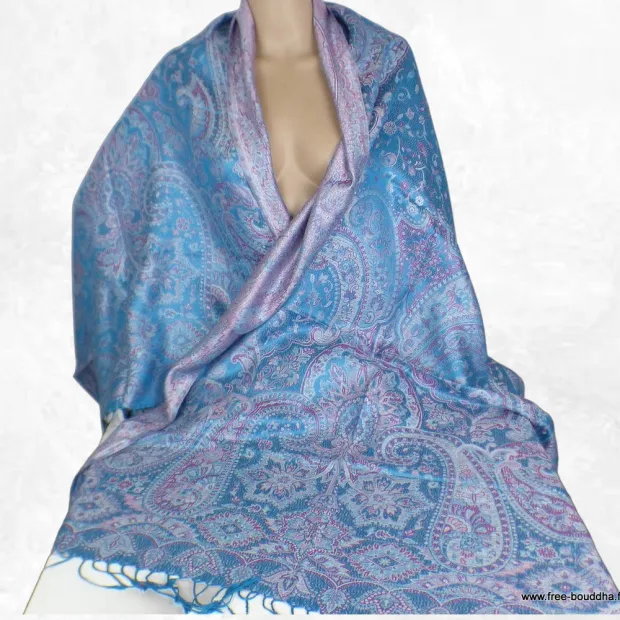 Pashmina en soie pour femme bleu framboise - Etoles en soie naturelle