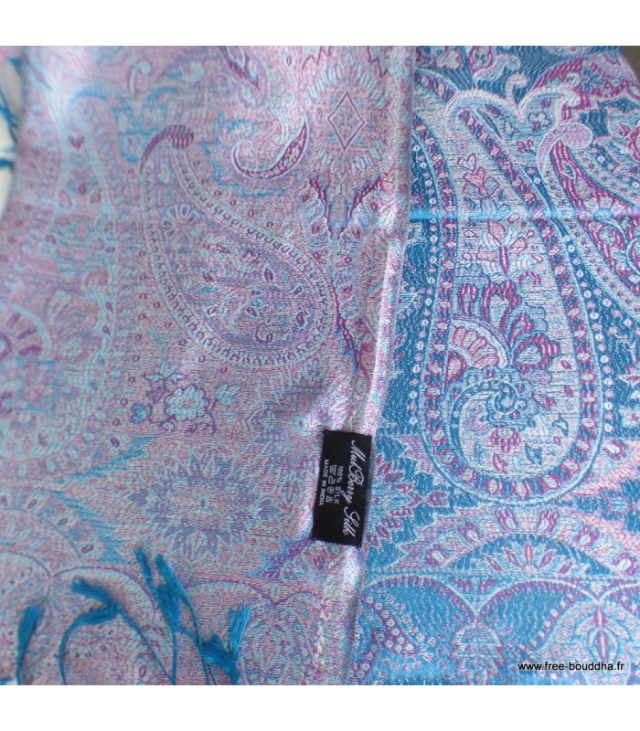 Pashmina femme en soie bleu framboise – Motifs cachemire et reflets moirés