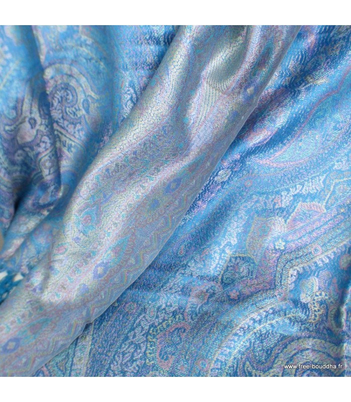 Pashmina chaud en soie bleu mauve – Motifs cachemire et reflets moirés