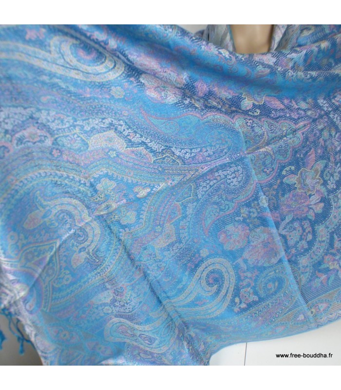 Pashmina chaud en soie bleu mauve – Motifs cachemire et reflets moirés