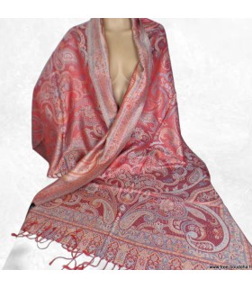 Pashmina femme en soie rouge foncé et bleu – Motifs cachemire