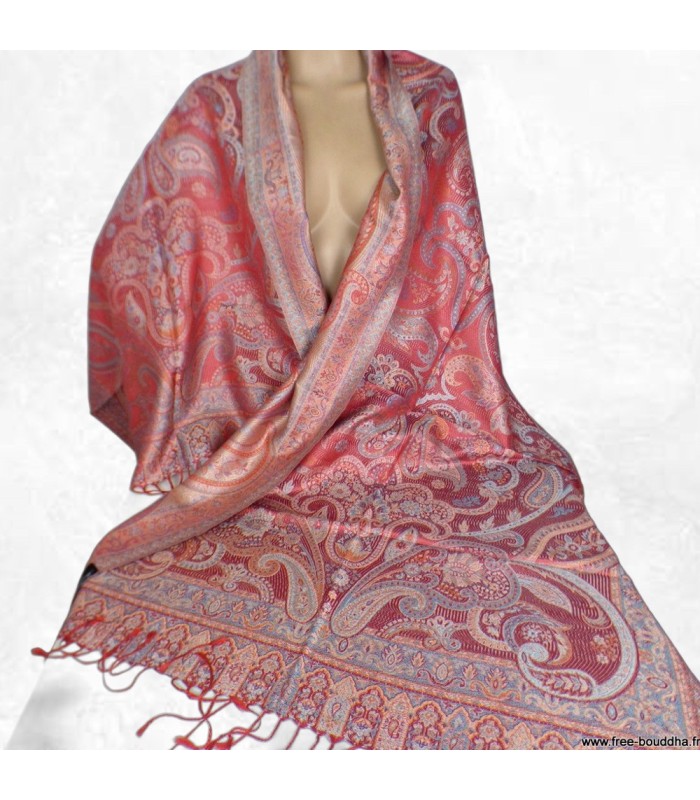 Pashmina femme en soie rouge foncé et bleu – Motifs cachemire