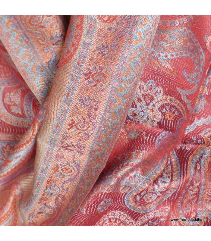 Pashmina femme en soie rouge foncé et bleu – Motifs cachemire