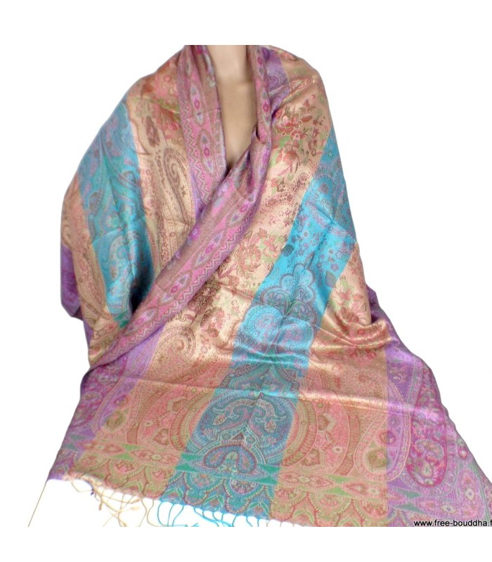 Pashmina femme en soie tricolore – Mauve, turquoise et or