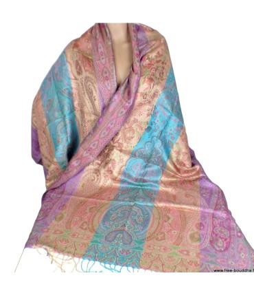 Pashmina femme en soie tricolore – Mauve, turquoise et or