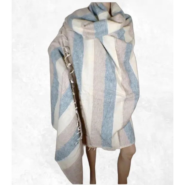 Très grand châle népalais 240 x 120 cm bleu écru - Grand châle népalais 240 x 120 cm