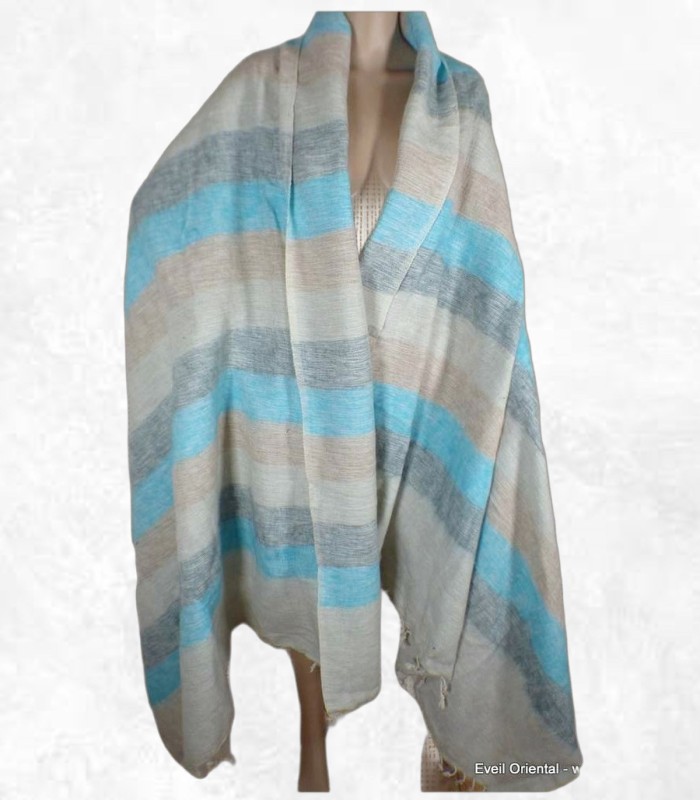 Très grand châle laine de yack bleu écru 240 x 120 cm