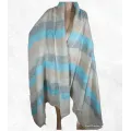 Très grand châle laine de yack bleu écru 240 x 120 cm - Grand châle népalais 240 x 120 cm